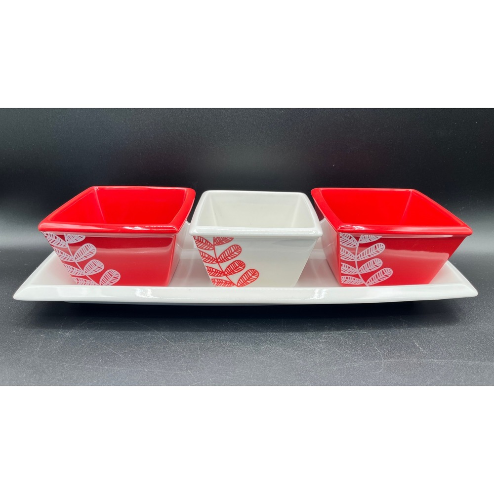 Ceramic Condiment Server Set‎ 3 Square Bowls Tray Red White Leaf Symphony